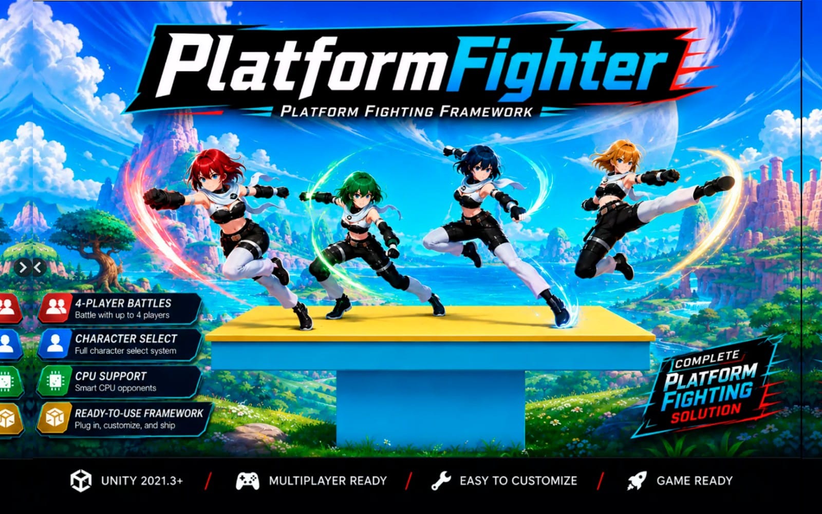 Platform fighting framework promotional banner showing four anime-style characters fighting on a platform in a colorful