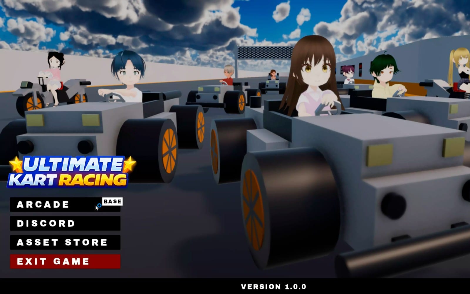 3D anime kart racing game lobby screen with characters in blocky cars and Ultimate Kart Racing logo