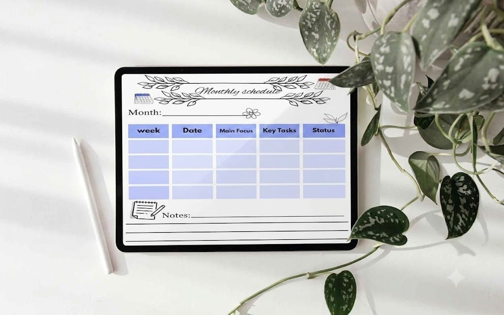 Minimalist botanical monthly planner template with weekly table, notes section, and green plant leaves background