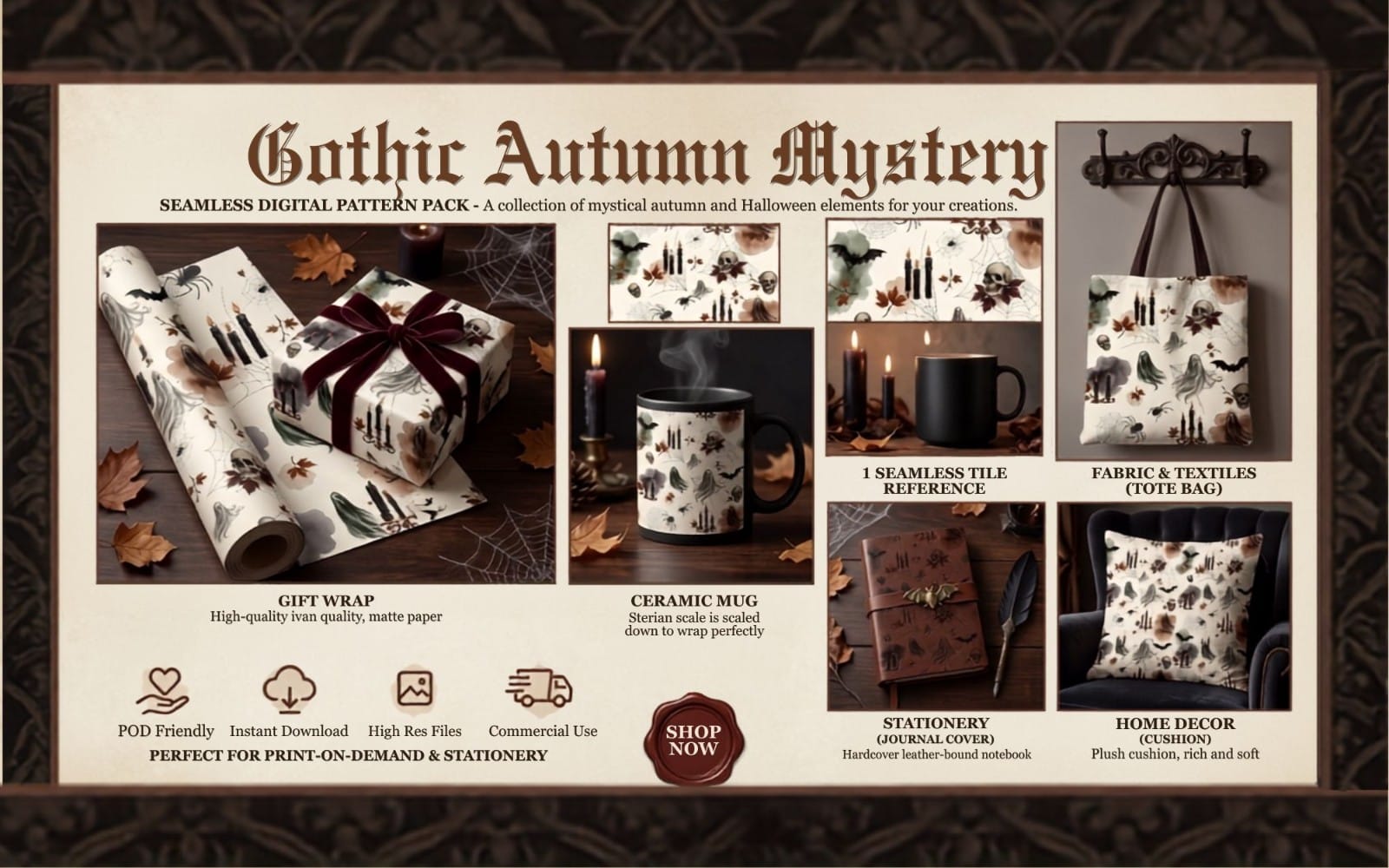 Promotional banner for a Gothic Halloween seamless pattern digital paper pack with spooky watercolor leaves candles and