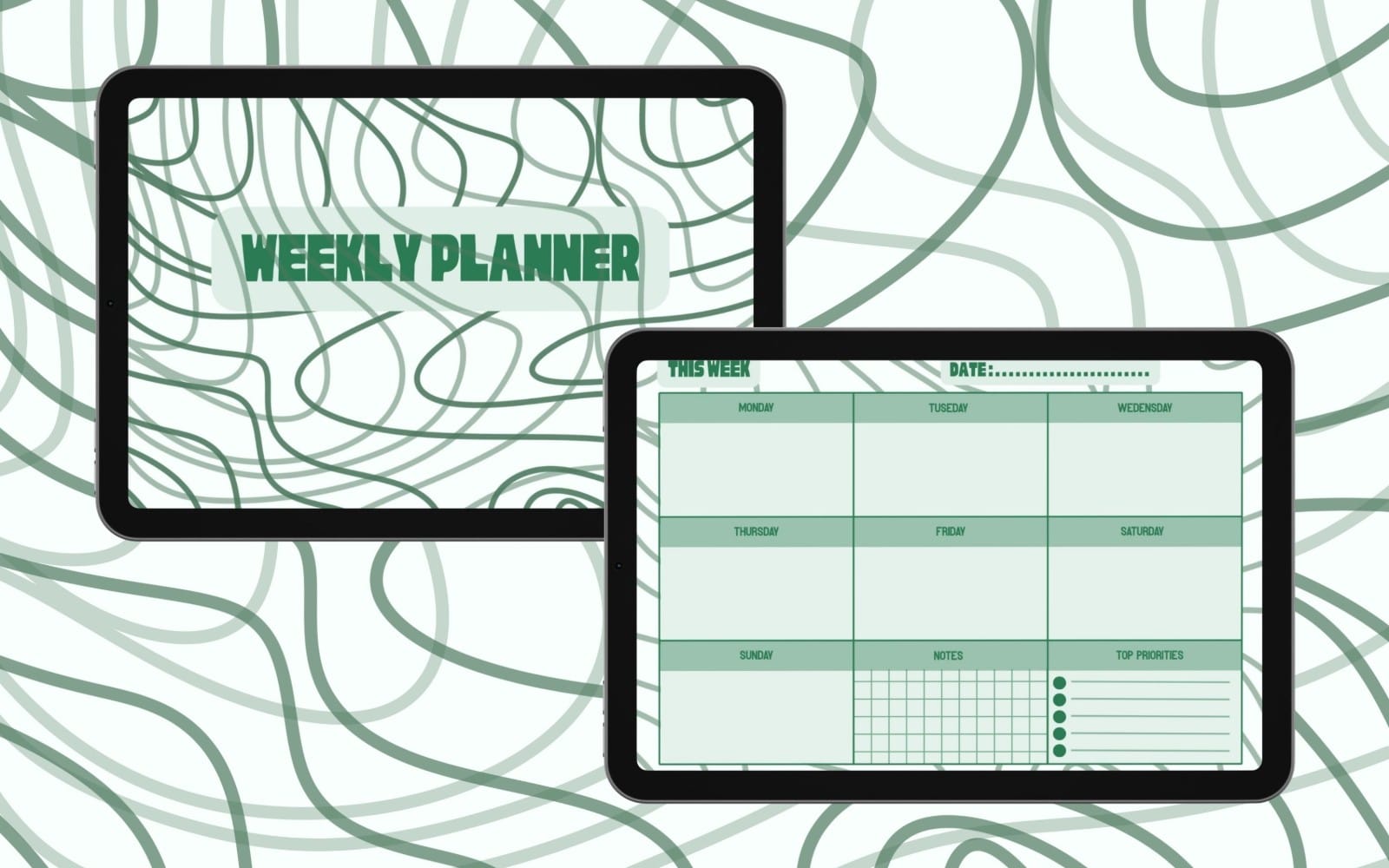 Retro green weekly planner template on tablets with dated weekly layout and notes sections for 5-year printable planning