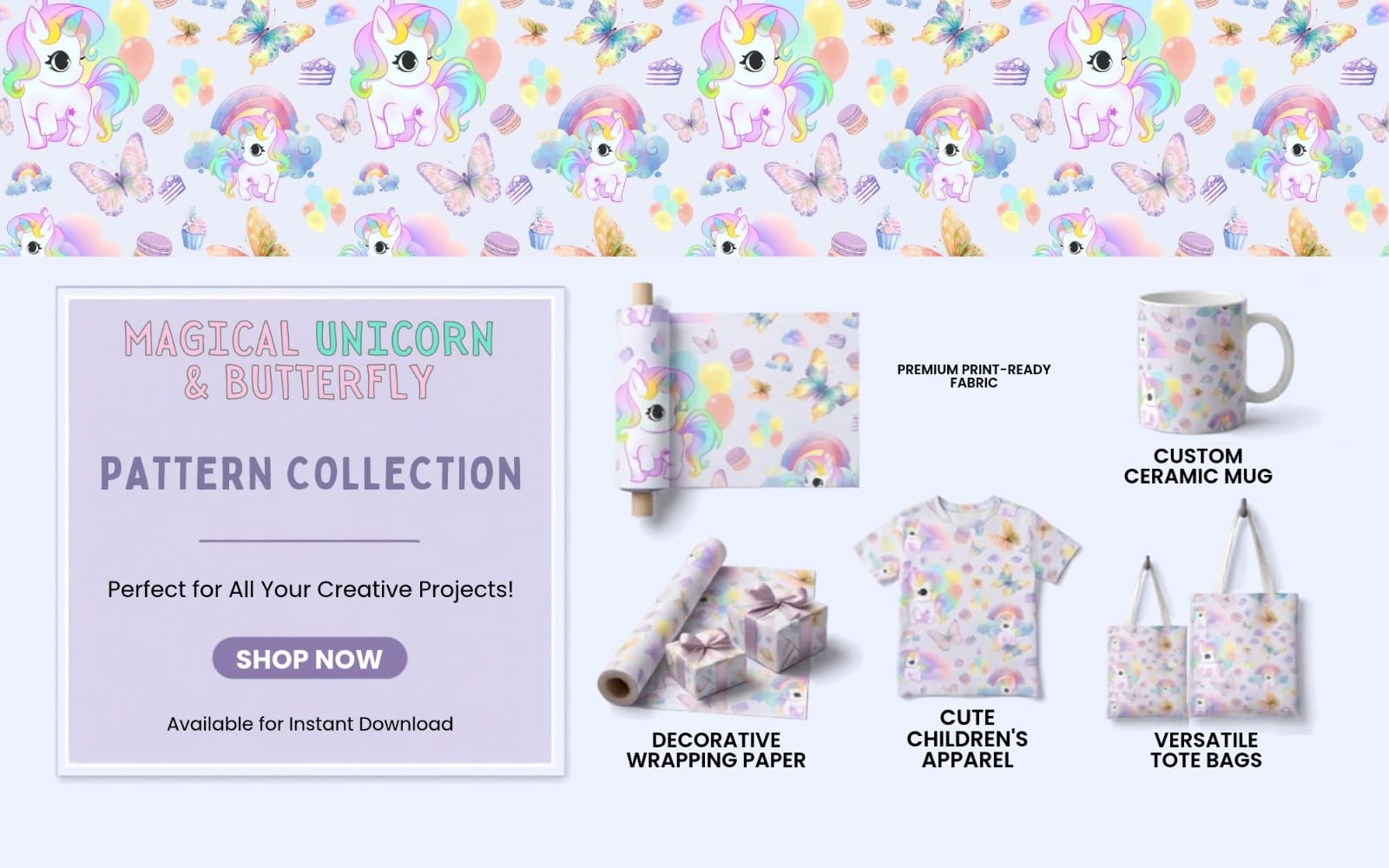 Seamless pastel unicorn and butterfly pattern with rainbows, cupcakes, and clouds for digital paper design