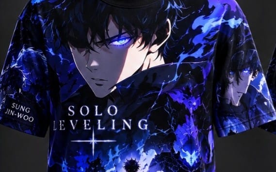 Anime T-shirt mockup design with blue black character artwork and Solo Leveling text