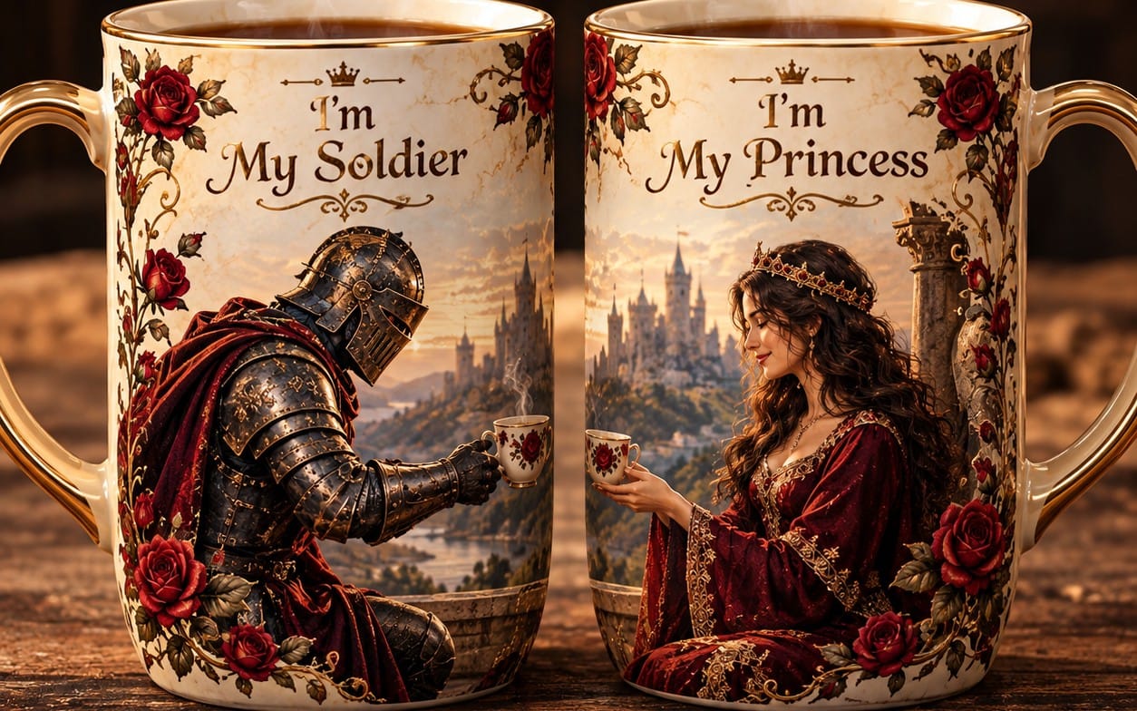Pair of ornate fantasy mugs with rose designs and text Im My Soldier and Im My Princess