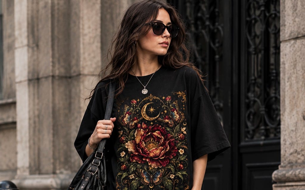 Woman wearing a black graphic t-shirt with floral and celestial artwork, holding a black handbag in an urban street