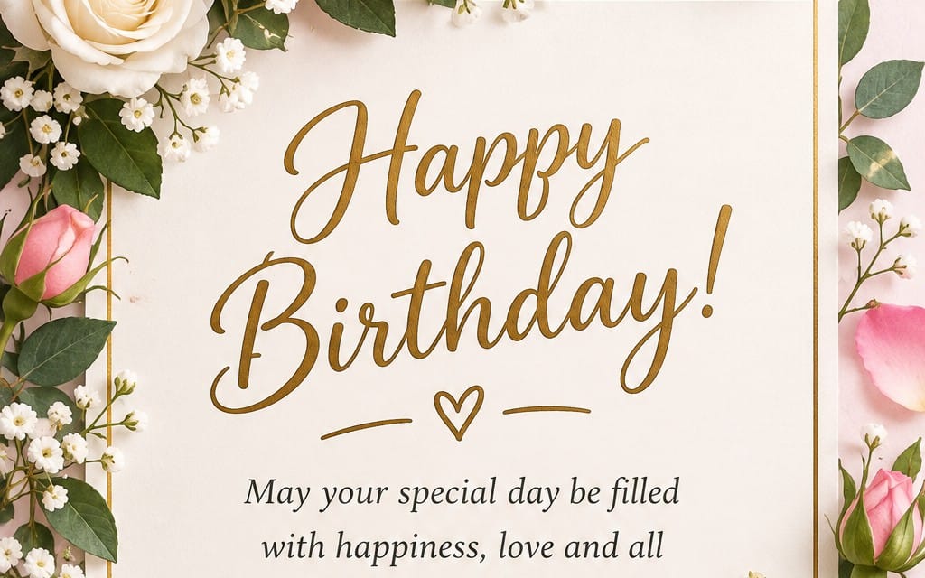Happy Birthday greeting card design with floral border and handwritten gold typography
