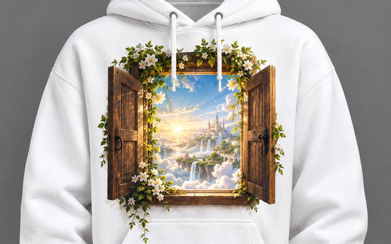 White hoodie featuring an open wooden window framed by flowers with a fantasy castle landscape digital design