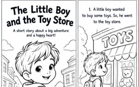 Kids coloring book page with a boy shopping outside a toy store with the word TOYS visible