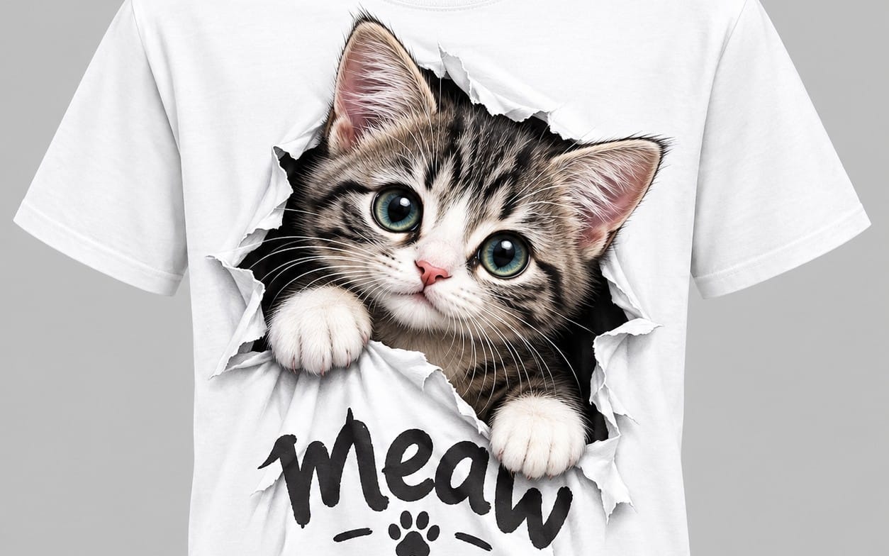 White t-shirt mockup with a tabby kitten peeking through torn paper and a Mean Cat paw print design