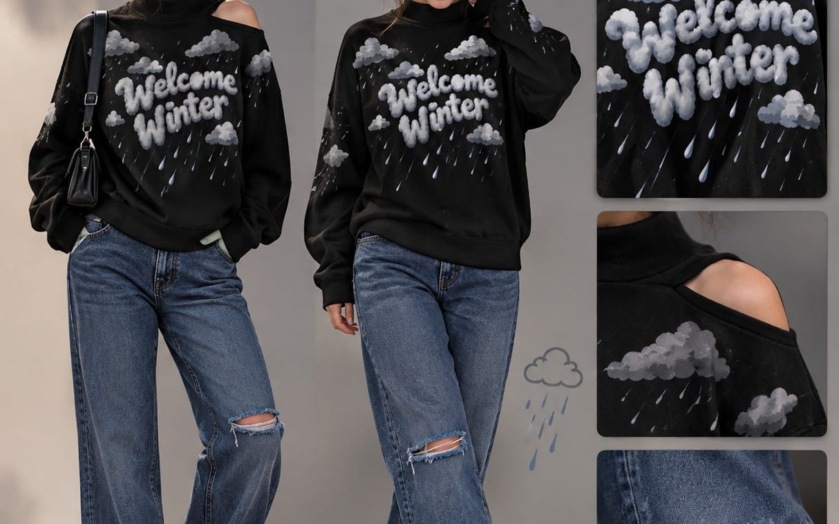 Black women’s sweatshirt design with Welcome Winter text and cloud raindrop graphic, fashion digital mockup collage