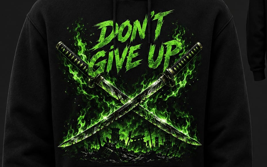 Black hoodie design with neon green text Dont Give Up and crossed swords flame graphic