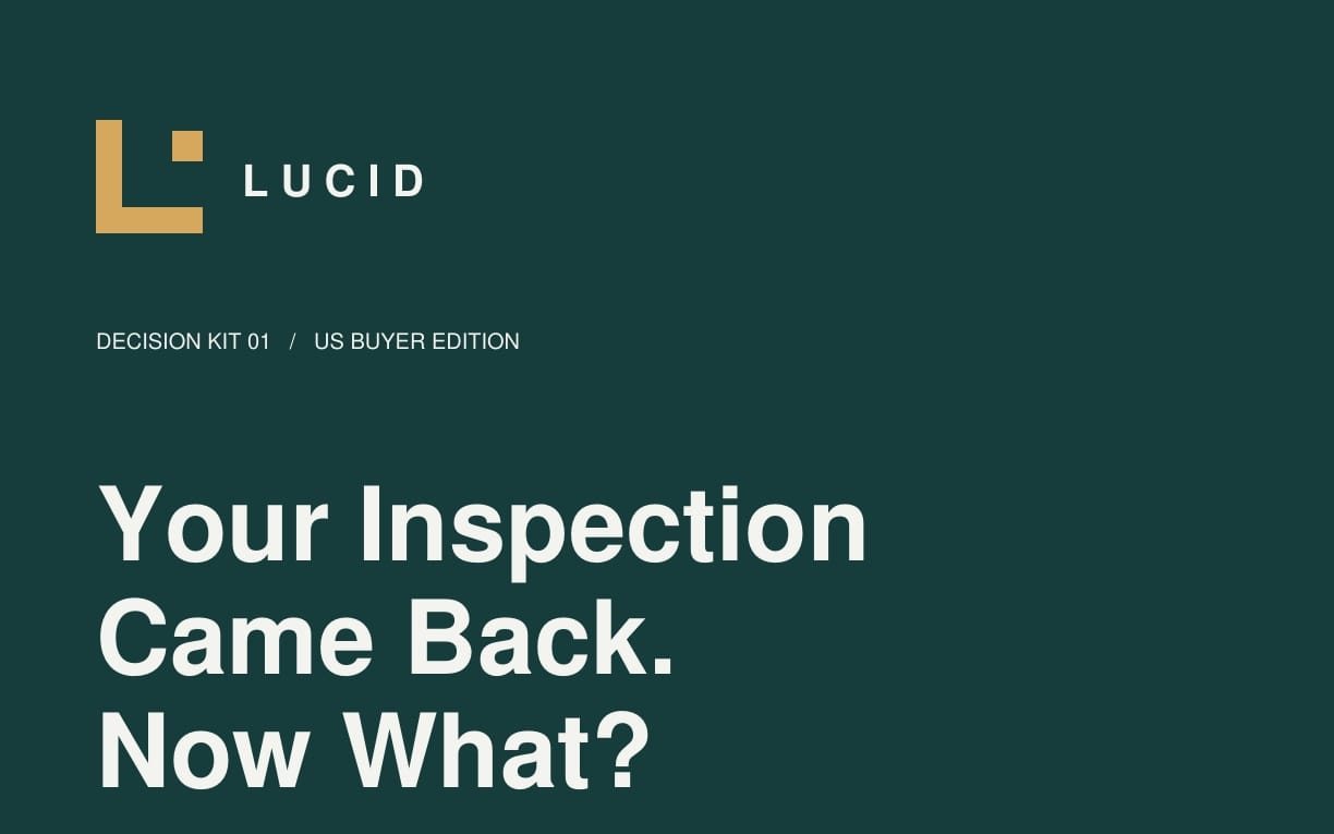 Teal title card for a real estate decision kit, reading Your Inspection Came Back Now What by Lucid
