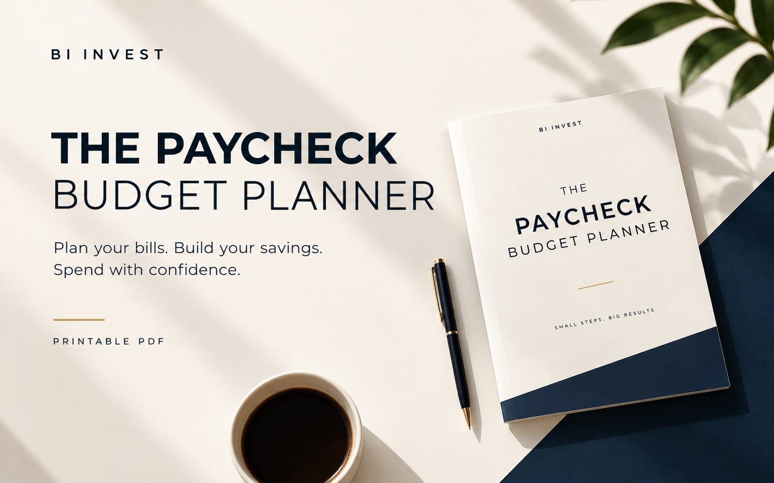 Minimalist printable PDF paycheck budget planner cover with pen, coffee cup, and office desk background