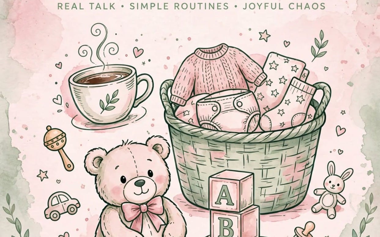 Cute mom-and-child bedtime scene with teddy bear, toy blocks, and a mug on a guidebook cover