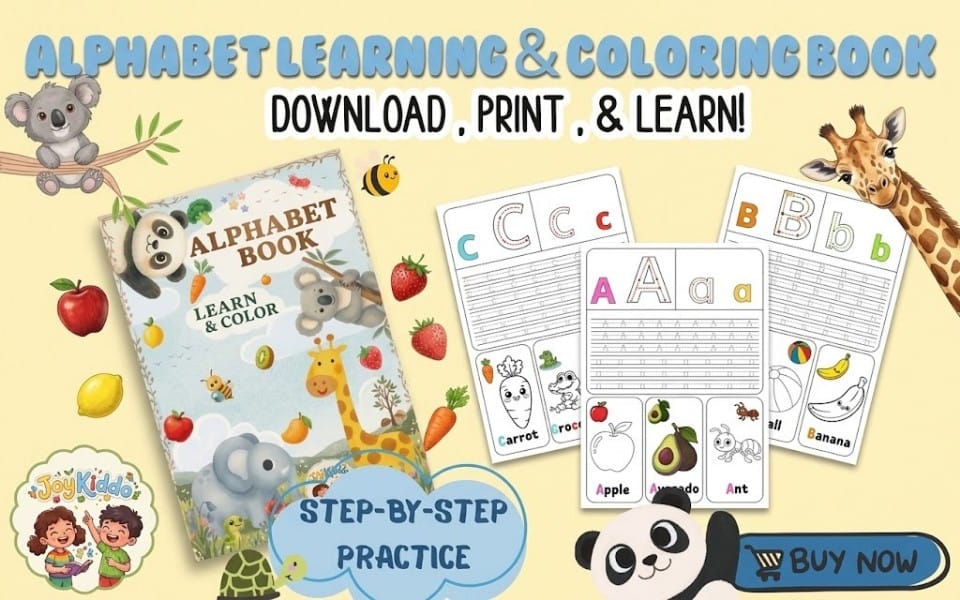 Alphabet learning and coloring book cover showing toddler activity pages with letters, animal characters, and crayons