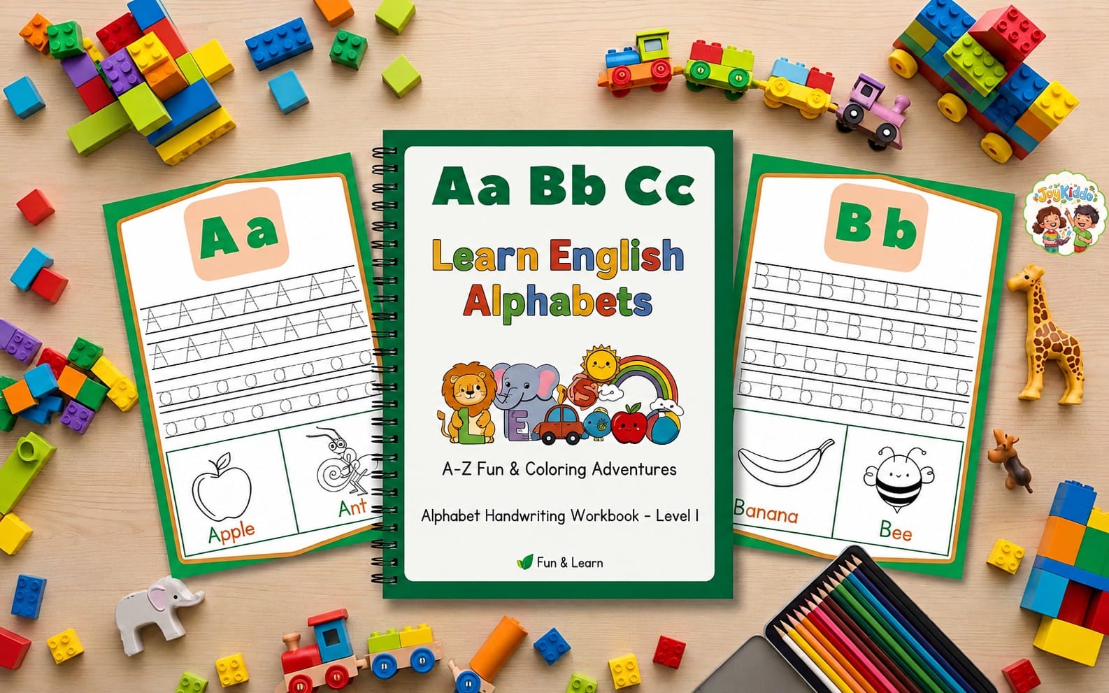 Printable alphabet handwriting and tracing workbook A-Z with green cover, surrounded by colorful building blocks and