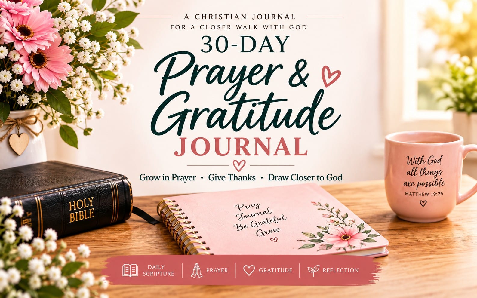 30-day Christian prayer and gratitude journal cover on a wooden table with flowers, Holy Bible, and a mug