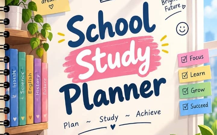 Colorful school study planner cover with handwritten School Study Planner title and stationery items