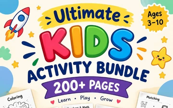 Colorful kids activity bundle cover with Ultimate Kids logo and 200+ pages text for ages 3-10