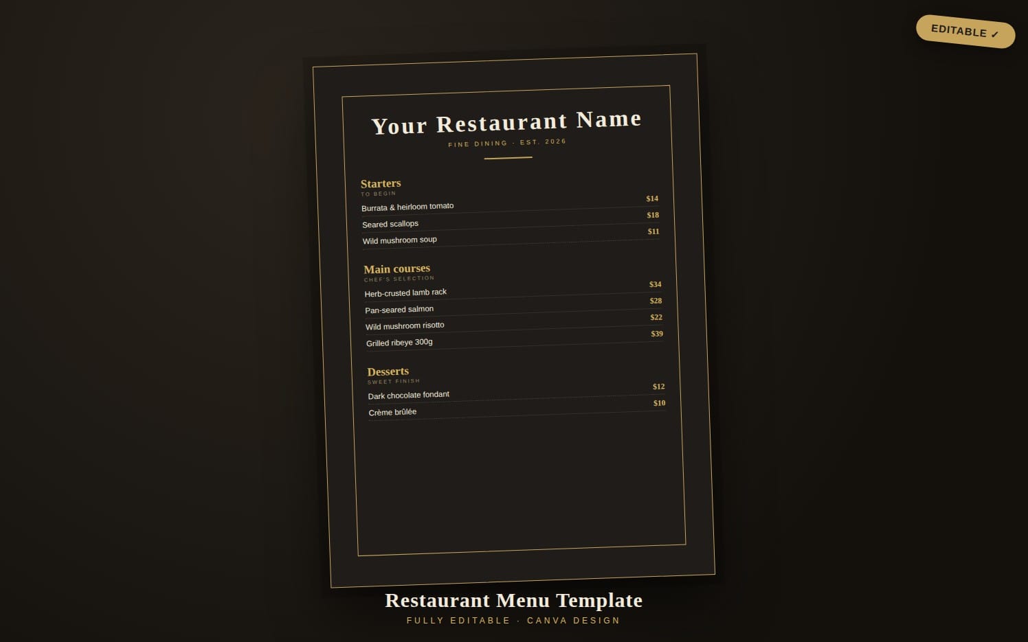 Elegant fine dining restaurant menu template with dark background, gold borders, section headings, and prices in Canva