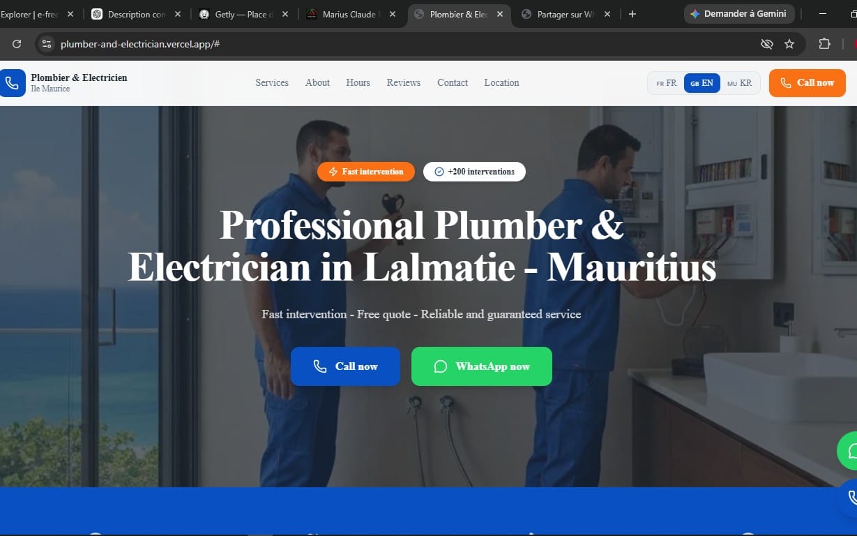 Plumber and electrician business website landing page with hero text and call-now buttons on desktop screenshot