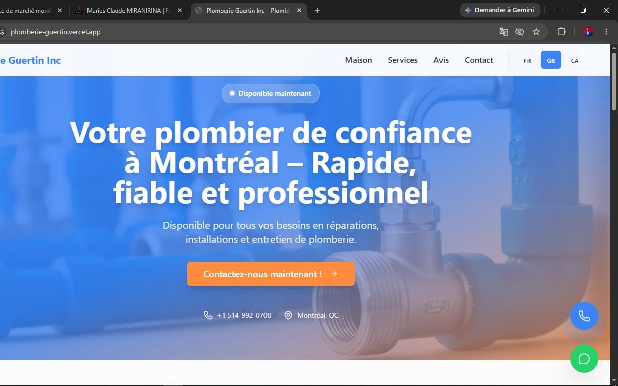 Capture d’un site web professionnel de plomberie montrant un héros avec tuyaux, slogan et bouton Contactez-nous