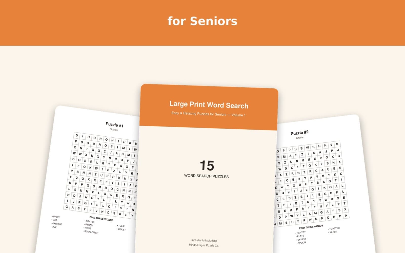 Large Print Word Search for Seniors — Vol. 1 (15 Puzzles + Solutions)