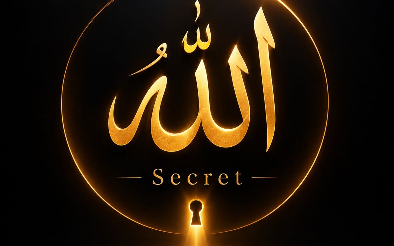 Gold Arabic calligraphy and Arabic word Secret on a dark background, eBook mystery cover design