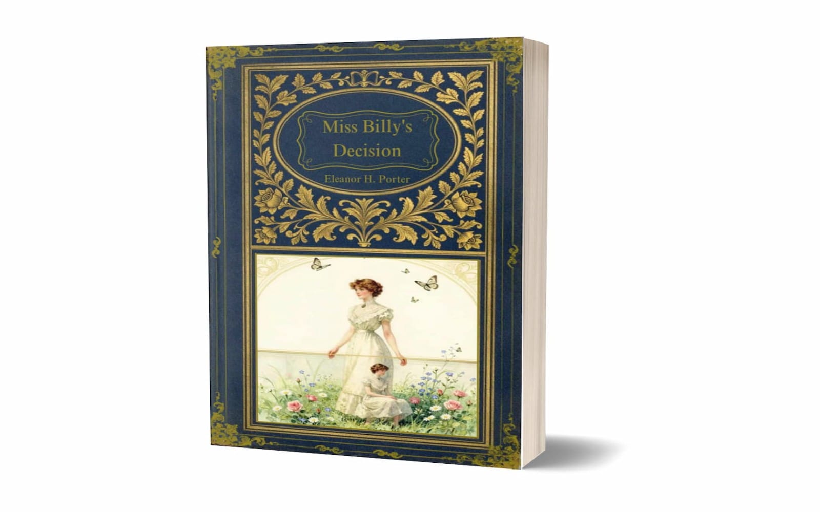 Roman illustré ancien, couverture bleue dorée avec jeune femme dans un jardin, Miss Billy’s Decision tome 2