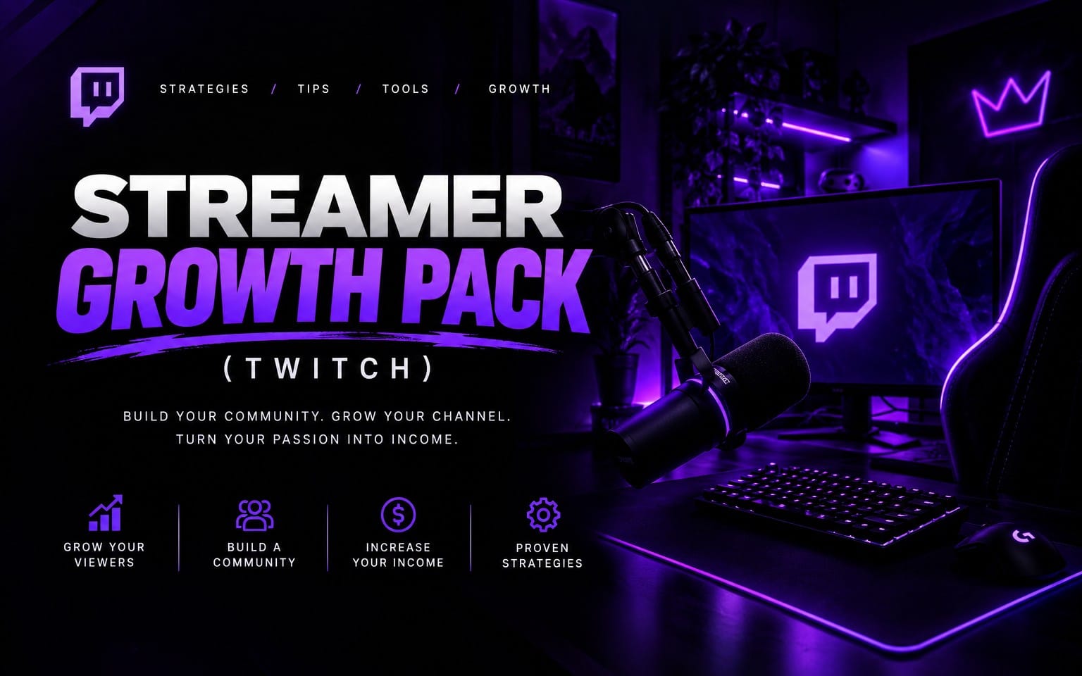 Streamer Growth Pack for Twitch promotional banner with microphone, neon purple gaming setup, and growth icons