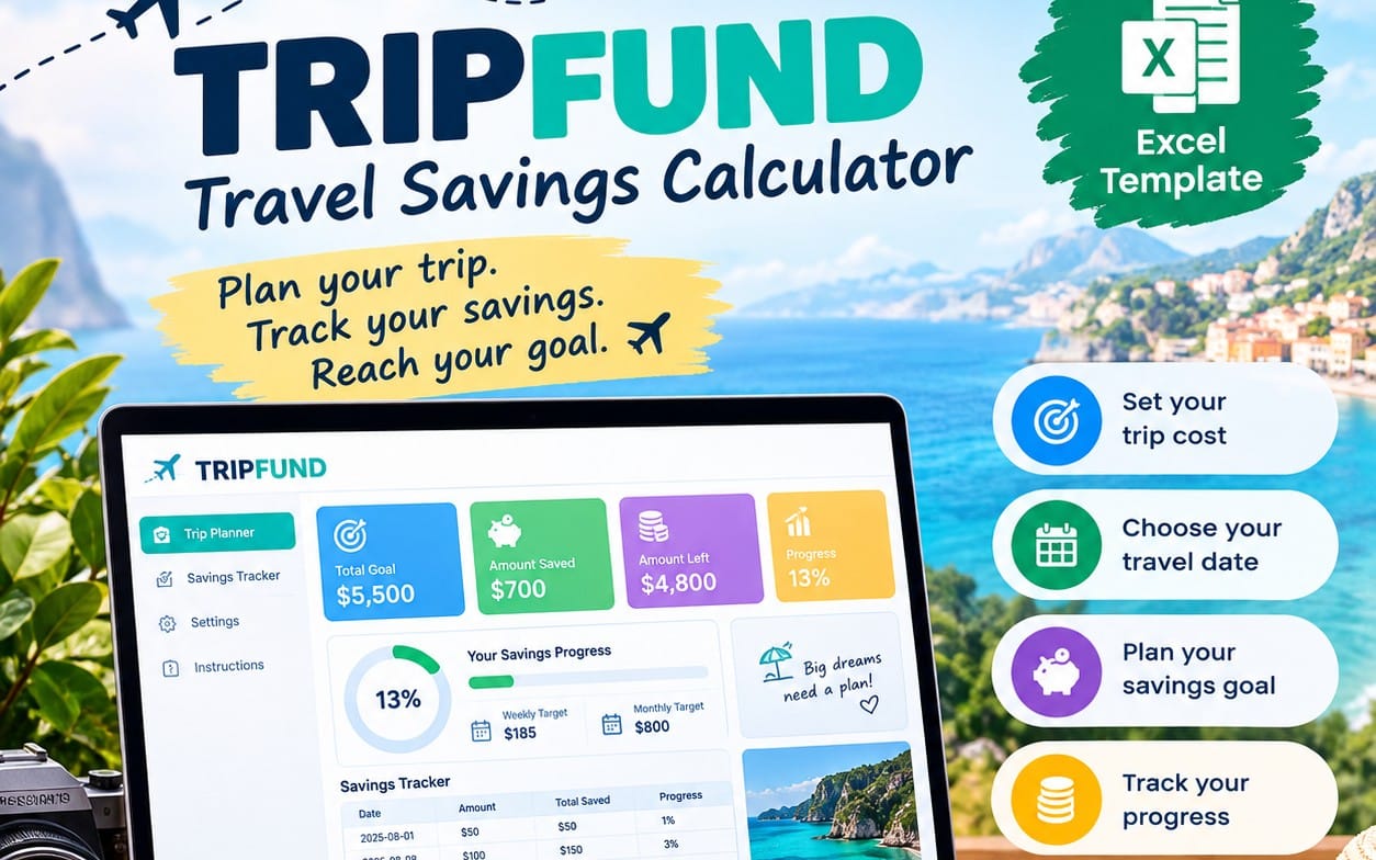 TRIPFUND travel savings calculator Excel and Google Sheets template shown on a laptop screen with trip planning panels