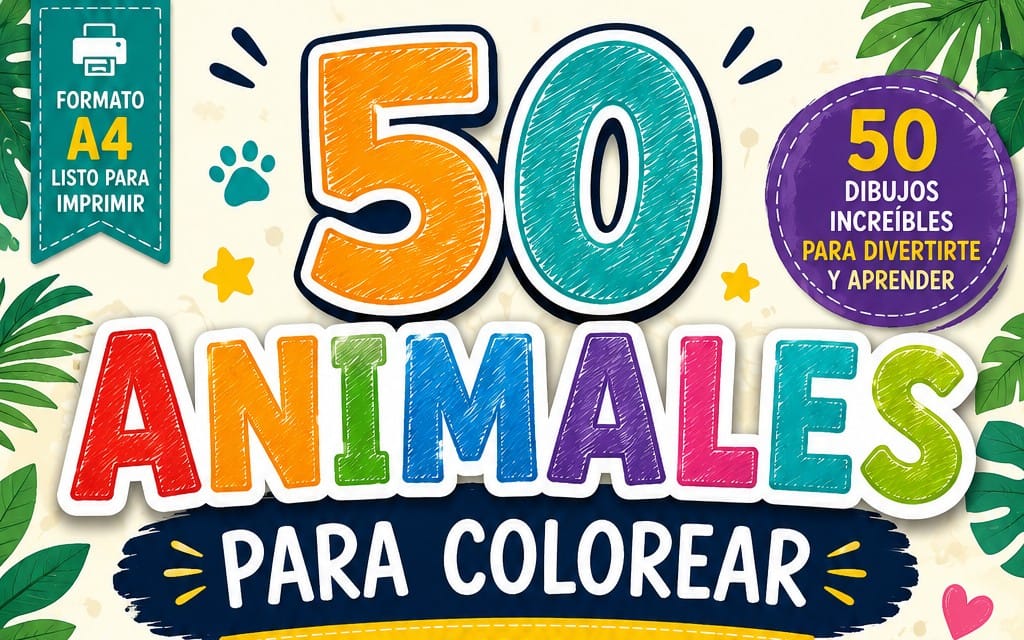 Coloring book cover with 50 fun animal drawings for kids in A4 printing format, showing colorful letters and badge
