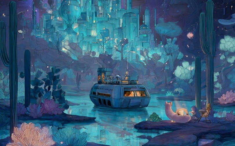 Futuristische Neon-Cybercity-Flussnachtlandschaft