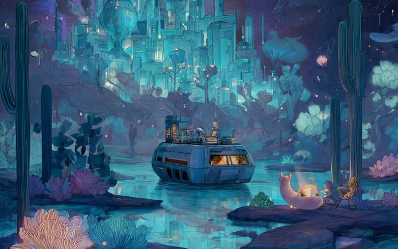 Futuristic Neon Cyber City River Night Landscape
