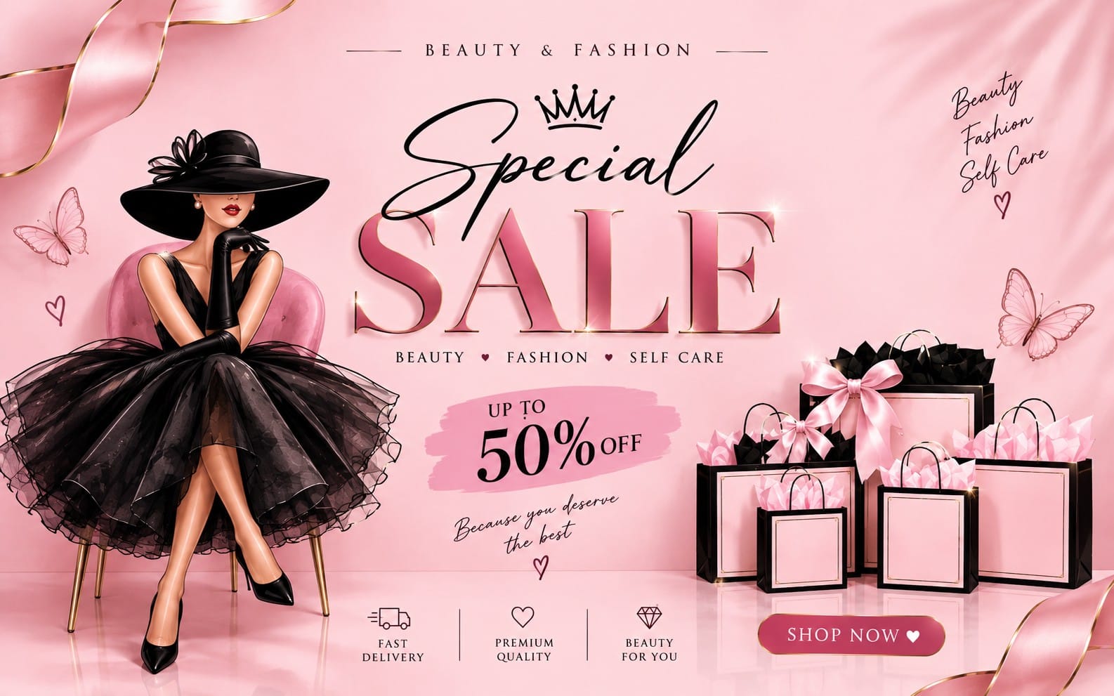 قالب عرض خصم لمتجر تجميل في كانفا بتصميم وردي وعناصر مكياج وهدايا وزهرة وفستان وشعار SALE 50%