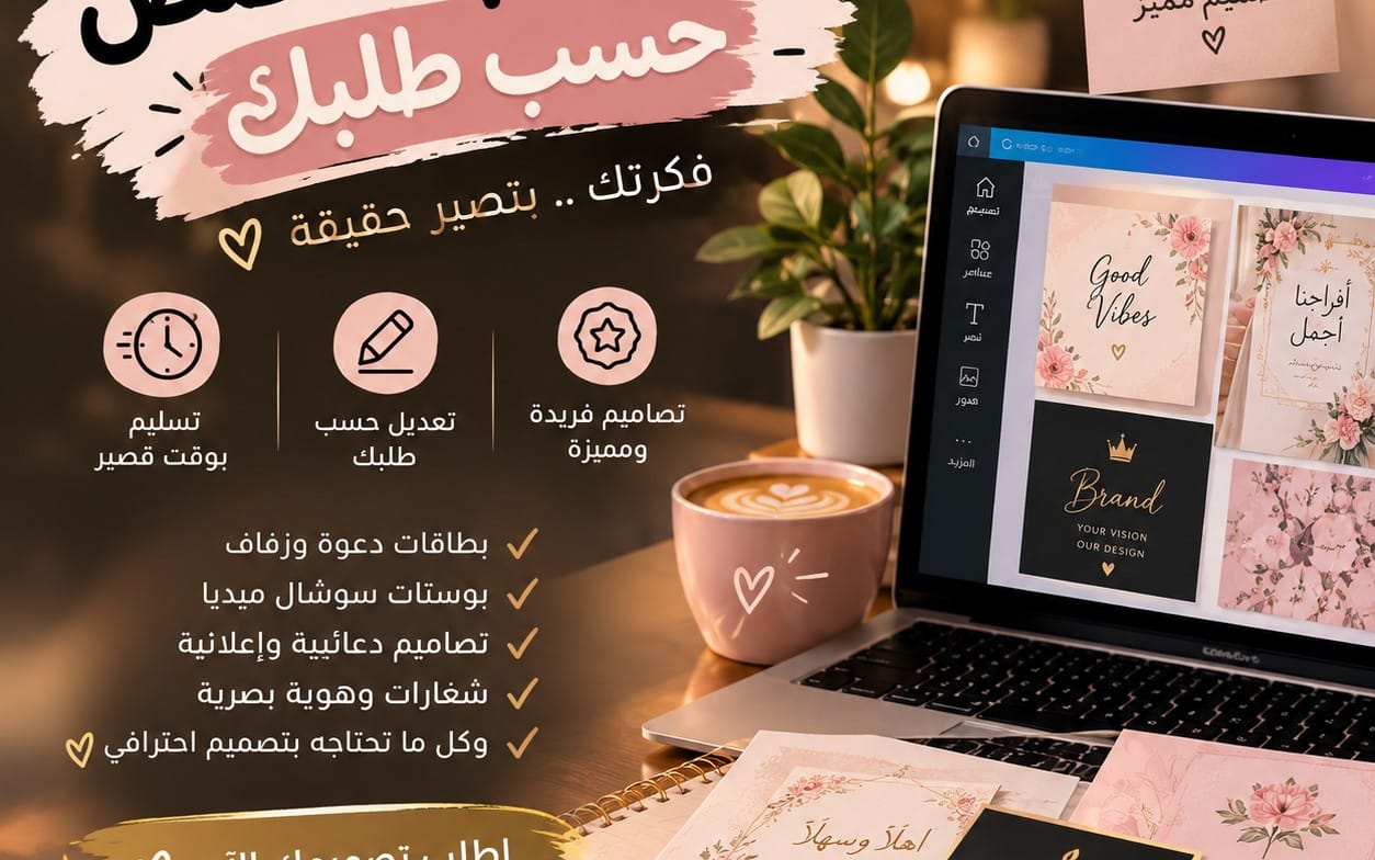 تصميم بوسترات دعائية عربية مخصصة وخطوط وردية تعرض خدمات تصميم بجهاز كمبيوتر ولابتوب