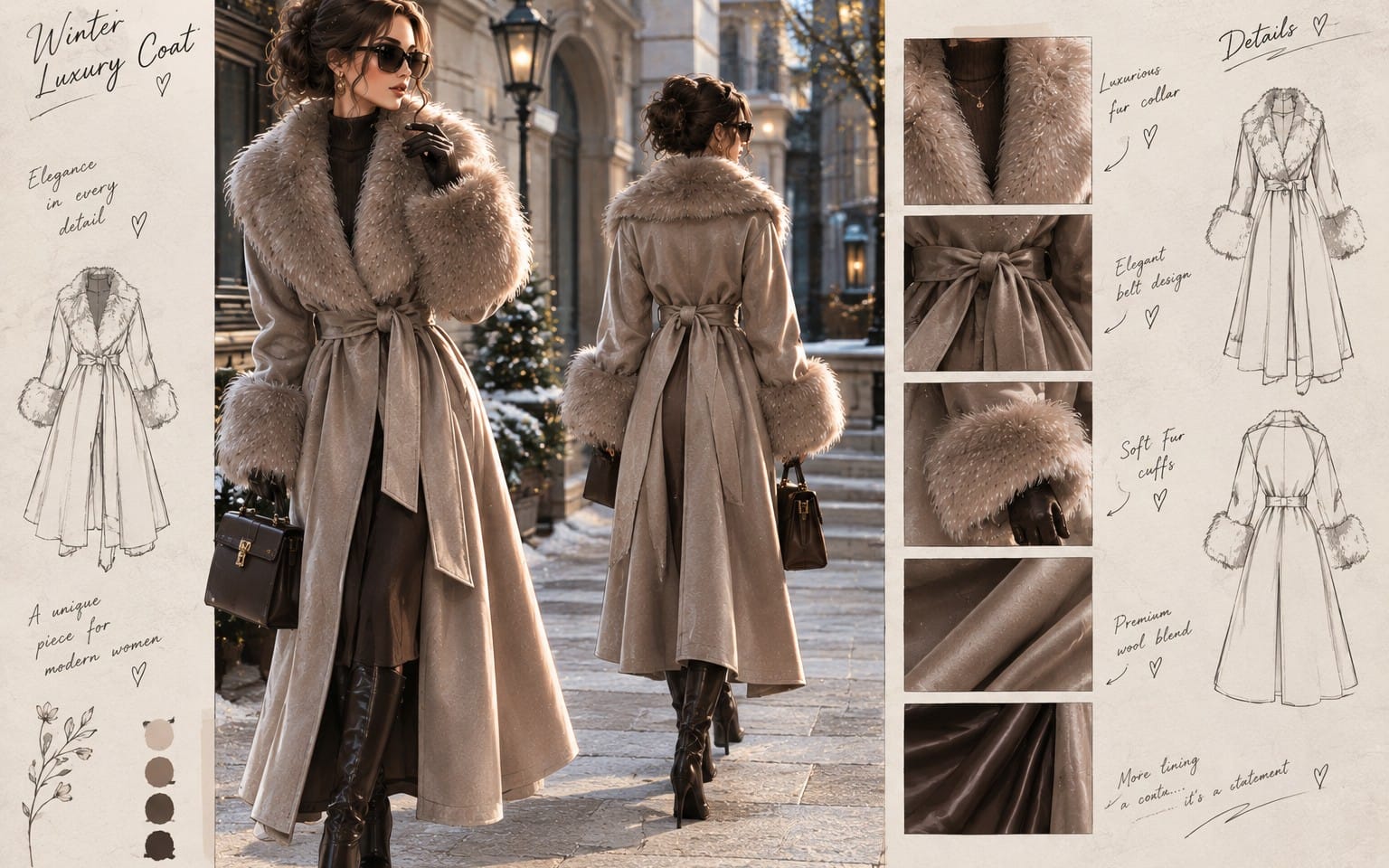 Women’s winter luxury fur collar coat design mockup with belt, sketches and fabric detail panels on a snowy street