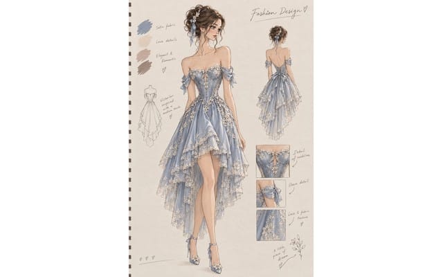 Victorian-inspired luxury fashion design sketch sheet showing an off-shoulder blue layered gown and details