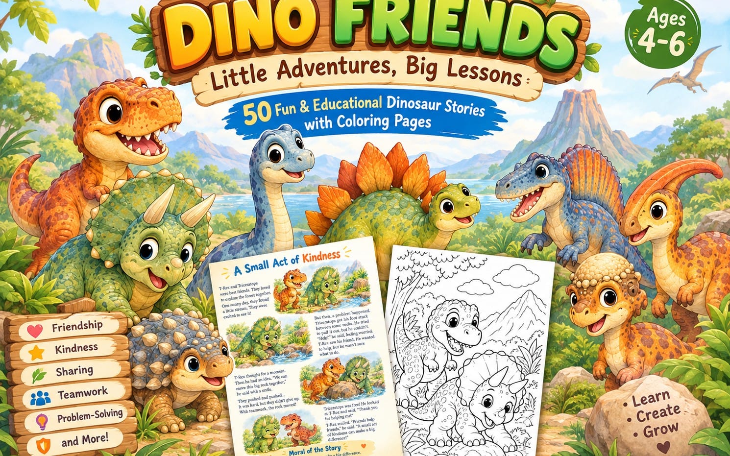 Coloring book cover for kids featuring friendly dinosaurs, the text Dino Friends, and 50 stories with printable pages