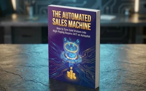 Book titled The Automated Sales Machine with blue tech-style graphics on cover, on a tabletop