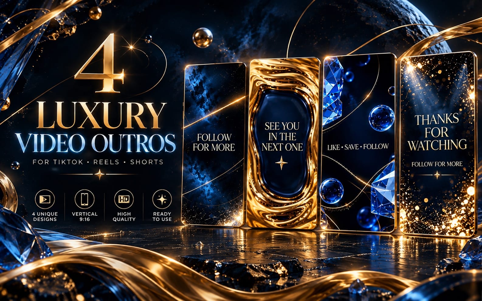 Set of four luxury blue and gold vertical video outro templates with 4D text and sparkling ornaments for TikTok and