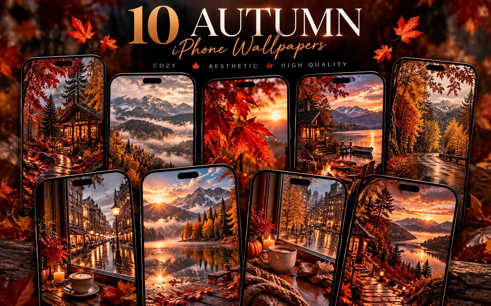 Cozy autumn iPhone wallpaper pack banner showing ten fall-themed landscape photos with orange leaves and cabins