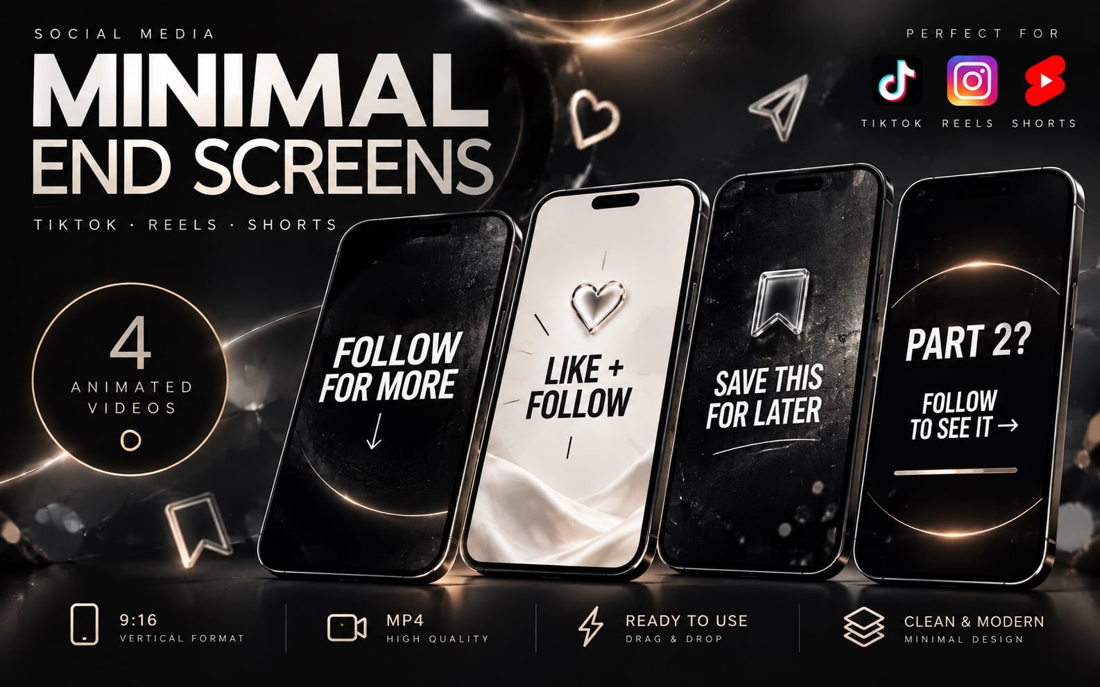 Minimal social media end screen templates for TikTok, Reels and Shorts with four phone mockups and call-to-action text