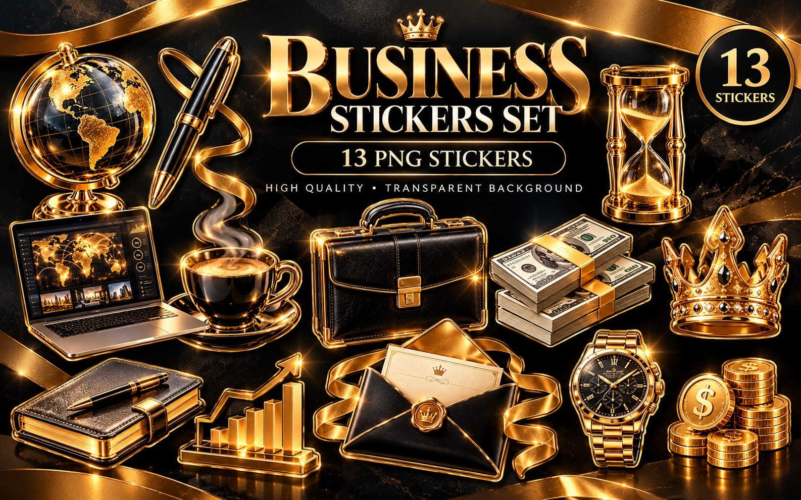 Gold business themed sticker pack banner with pen, briefcase, crown, watch, money, hourglass and globe icons
