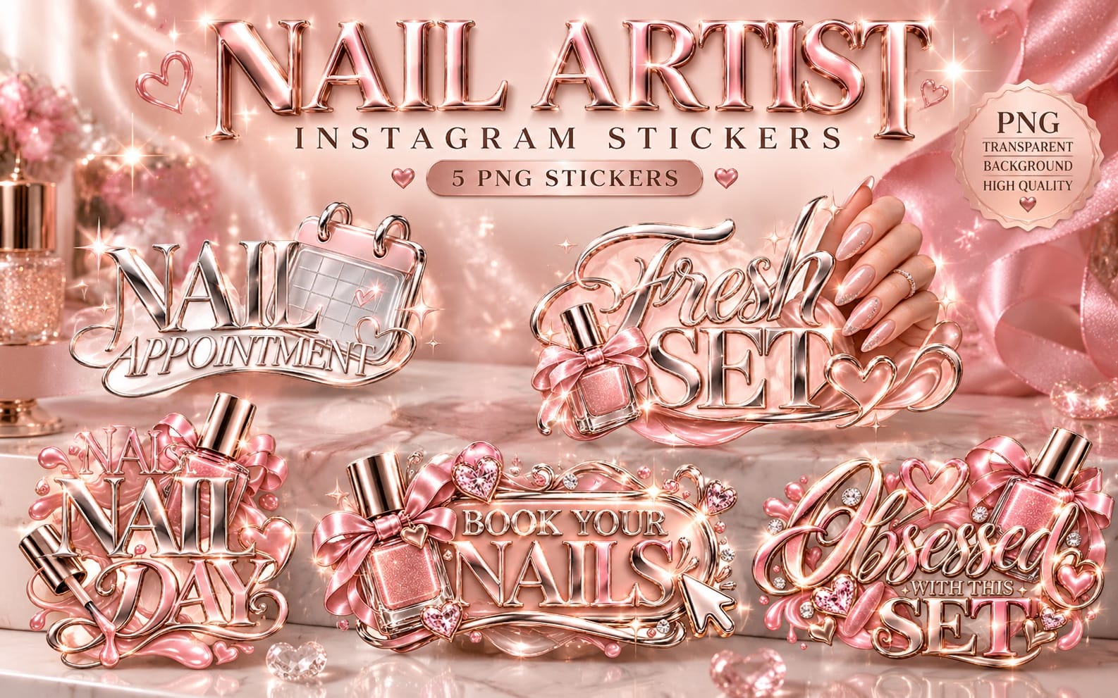 Rose-gold nail salon themed Instagram sticker set with text and bows on a pink sparkling background