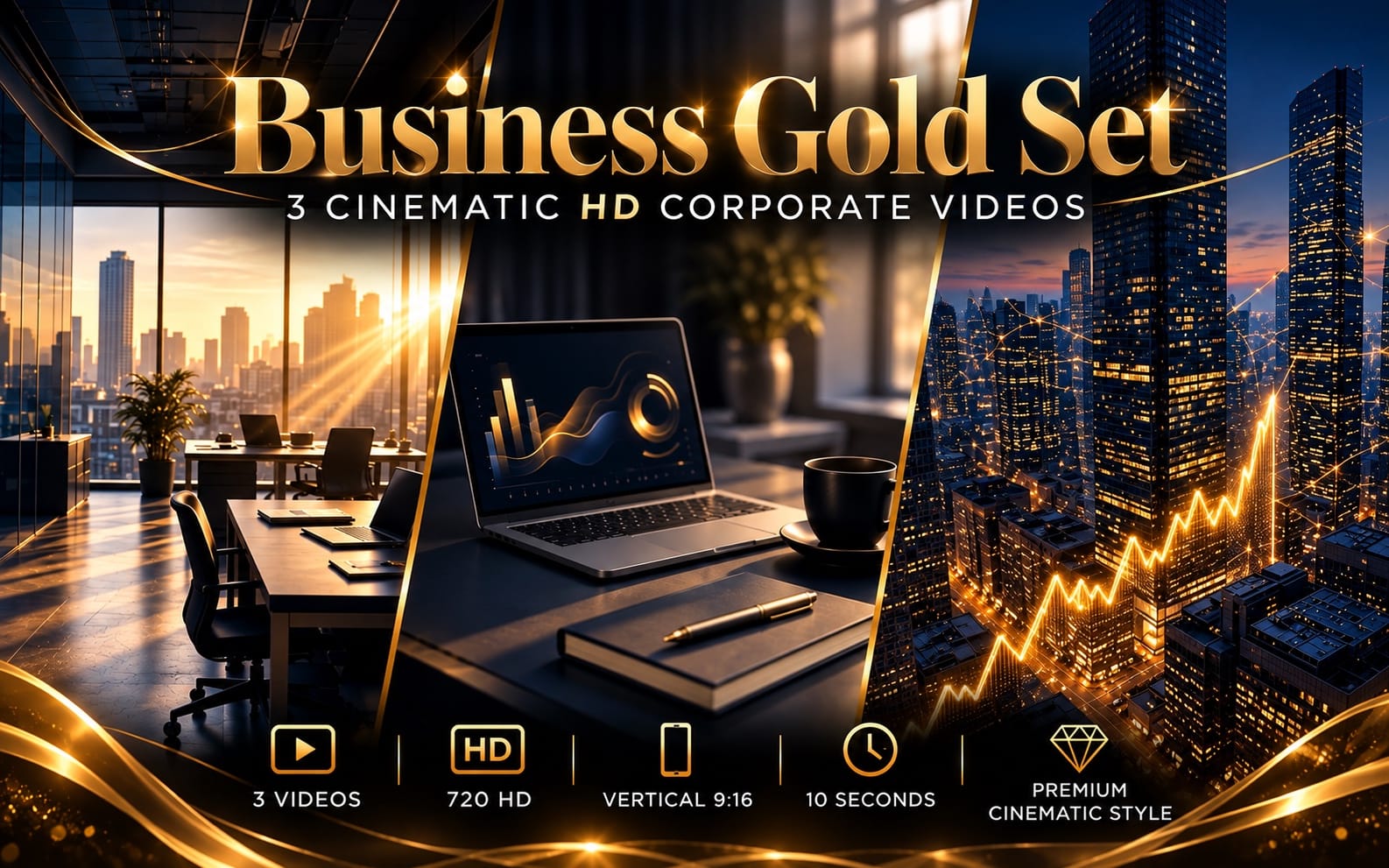 Golden title card showing a modern office and city skyline with a 3-video cinematic 4K business set preview