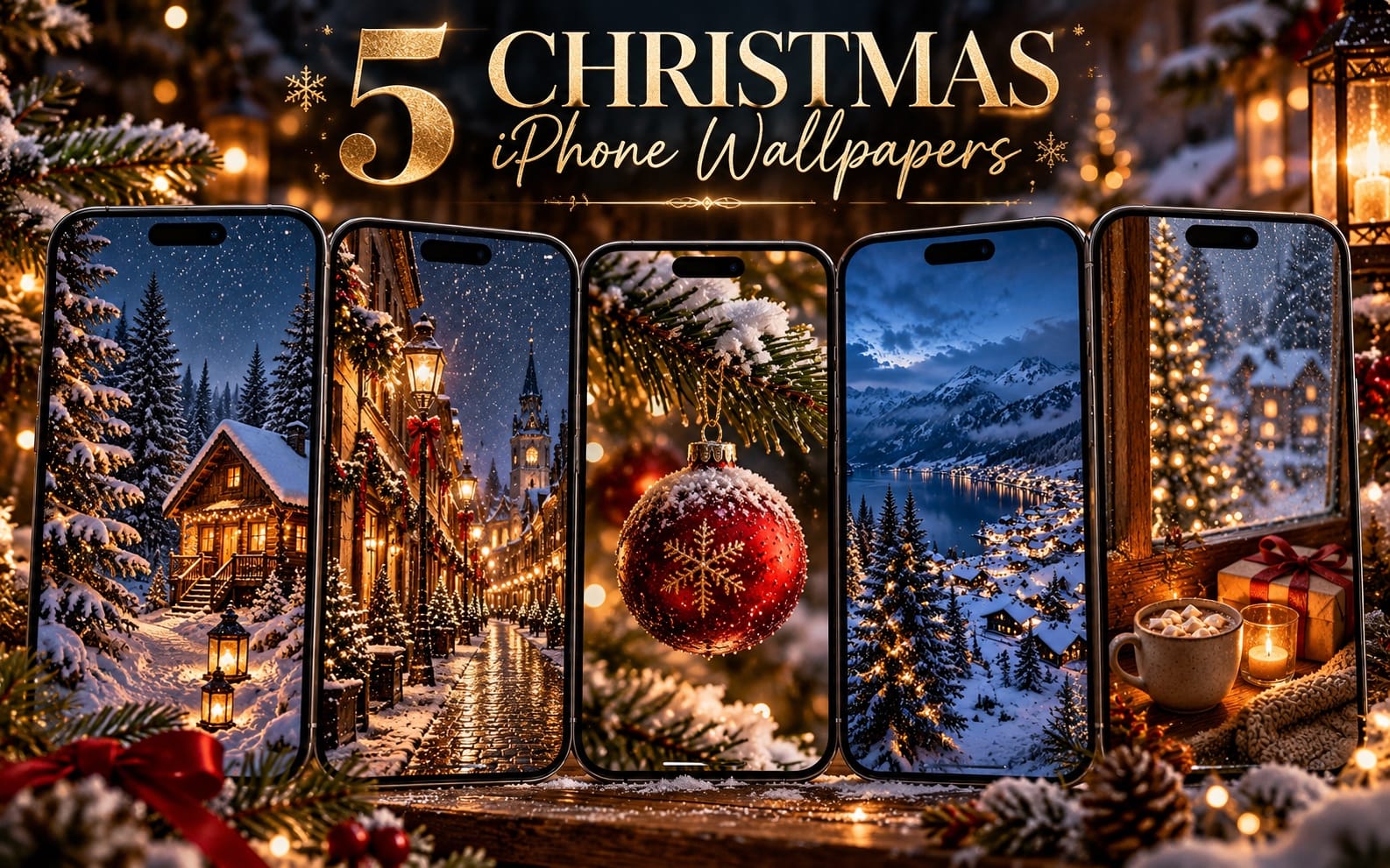 Five Christmas iPhone wallpaper screens featuring cozy snowy scenes, lanterns, a glowing ornament, and mountain lights