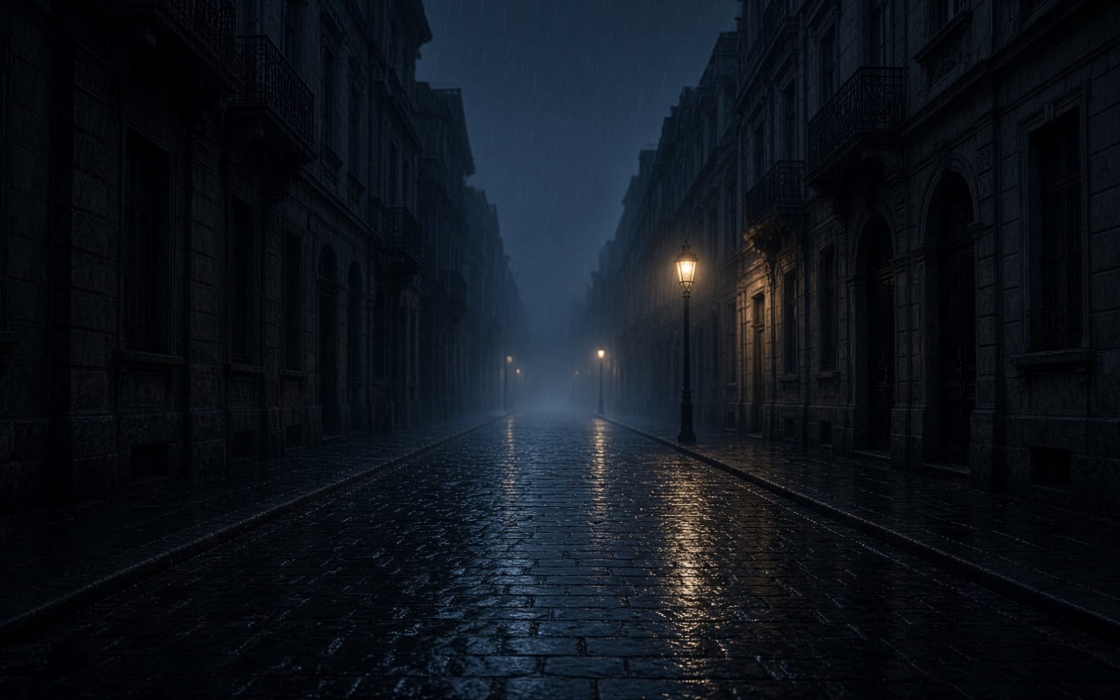 Moody dark cinematic alley background with wet cobblestones, stone buildings, streetlamps, and fog for designers