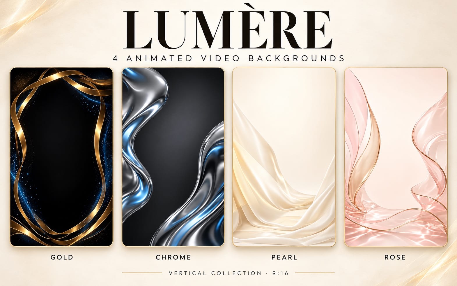 Four vertical animated video background templates with gold, chrome, pearl and rose flowing ribbon designs