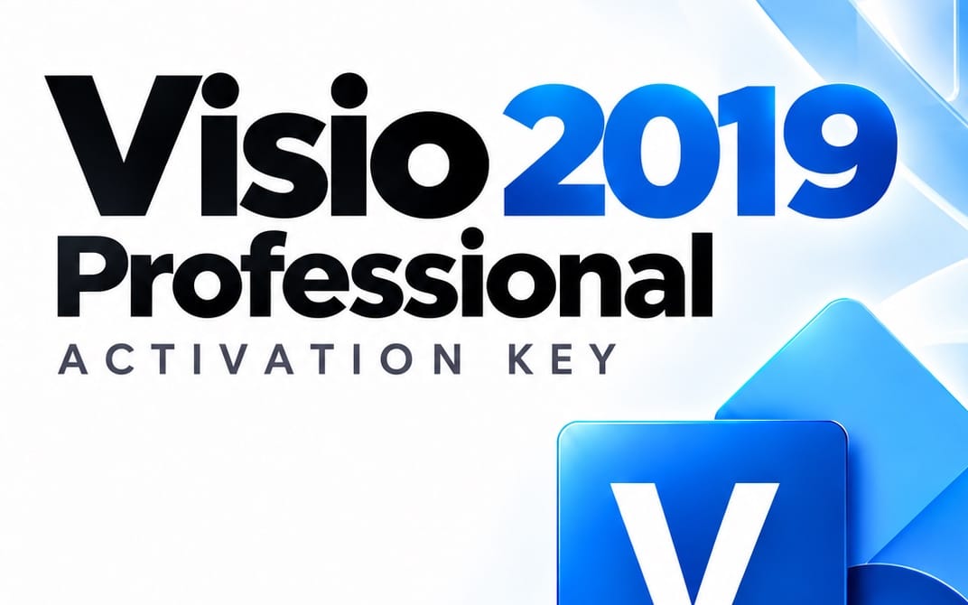 Visio 2019 Professional activation key digital software license for one PC shown on a blue banner
